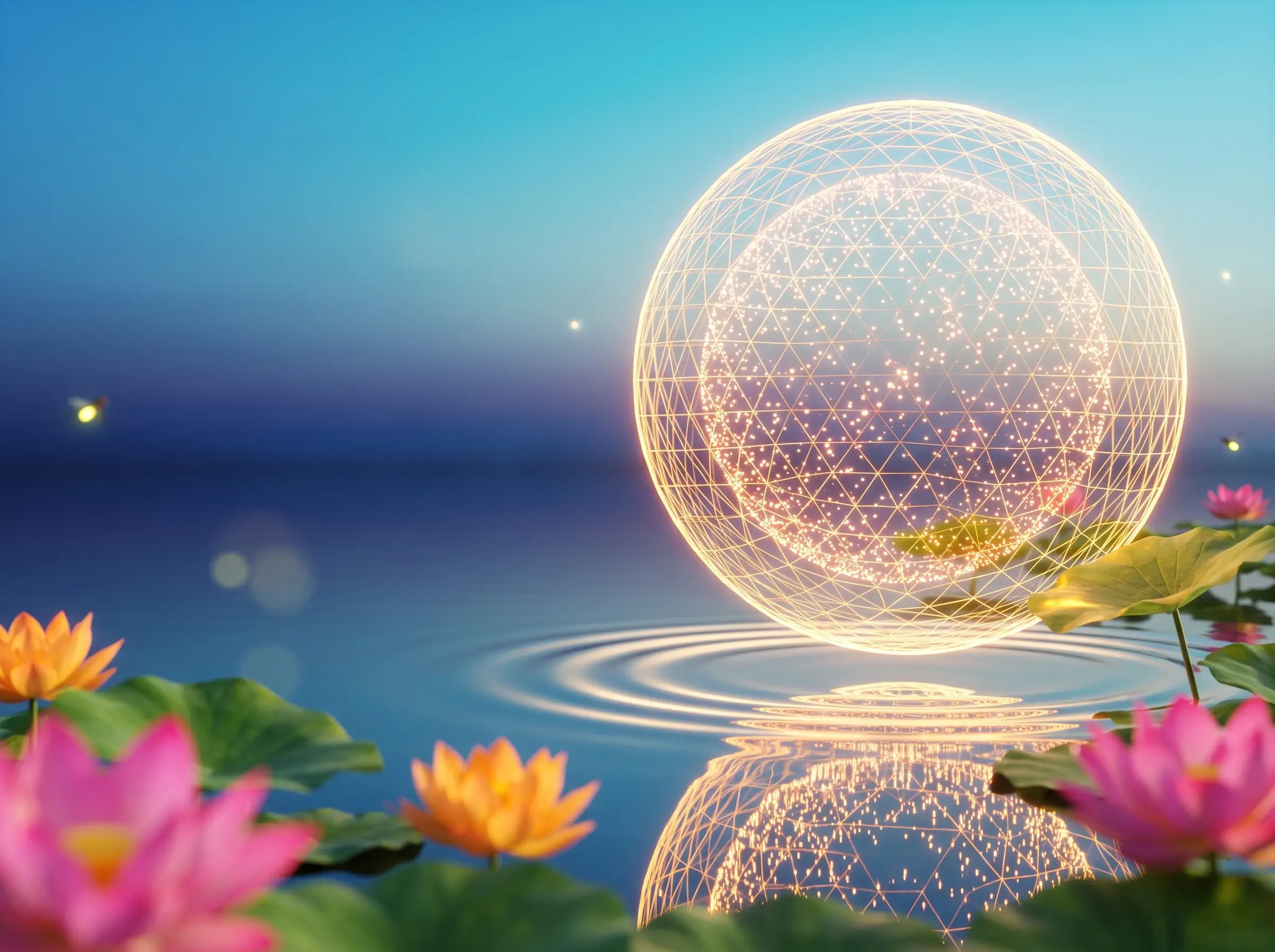 A luminous wireframe sphere hovering over a lotus pond