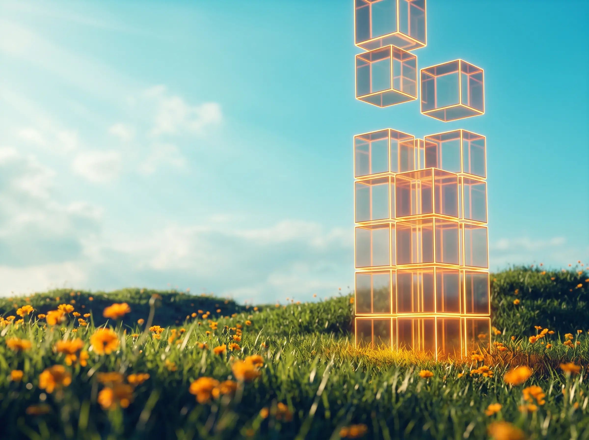 Glowing glass cubes stacking into a tower on a green hillside
