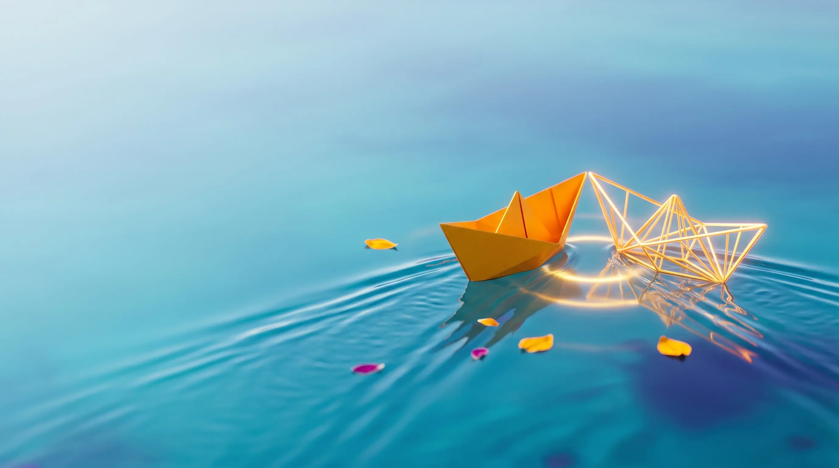 Two paper boats, one of glowing wireframe, meeting on turquoise water