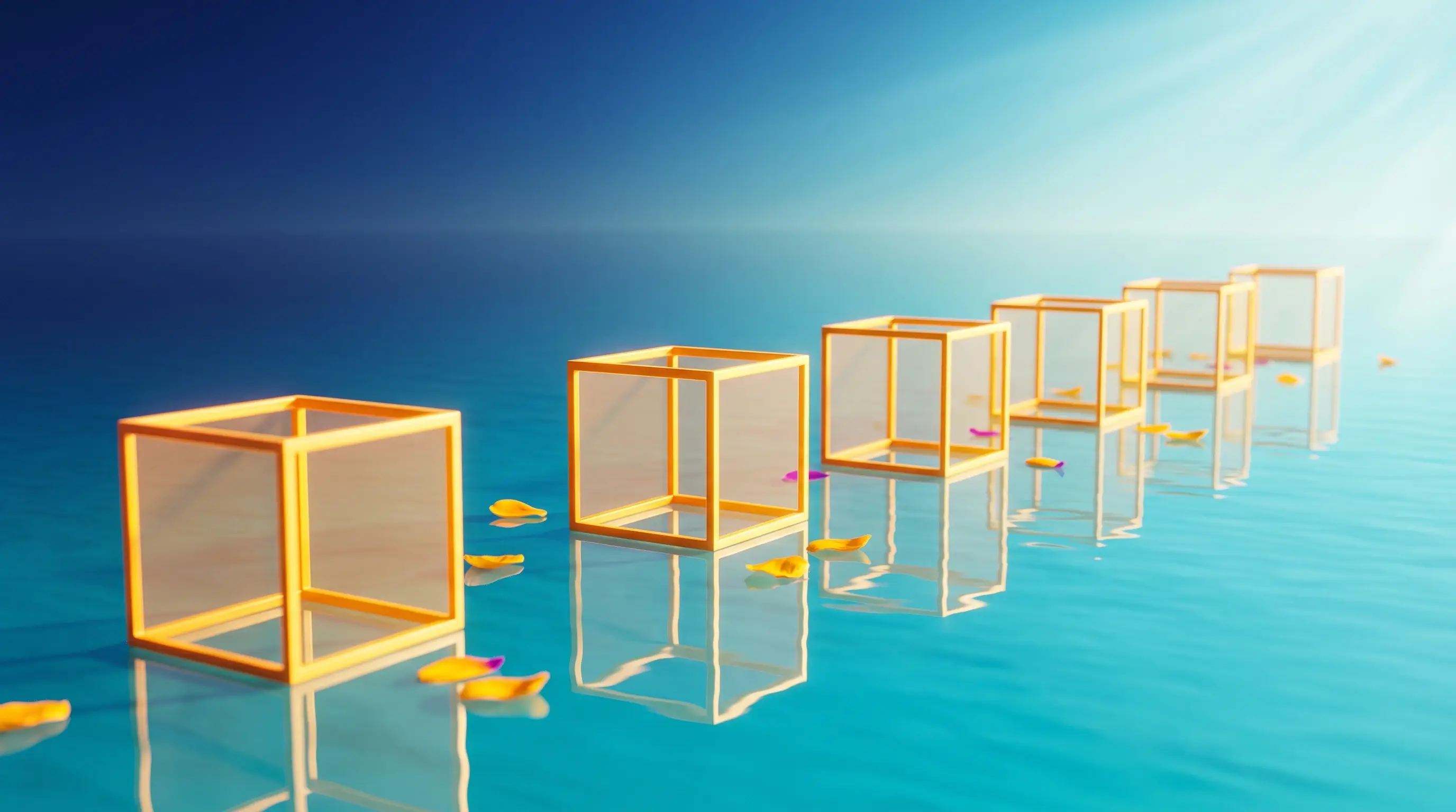 A line of glowing wireframe cubes stepping across turquoise water