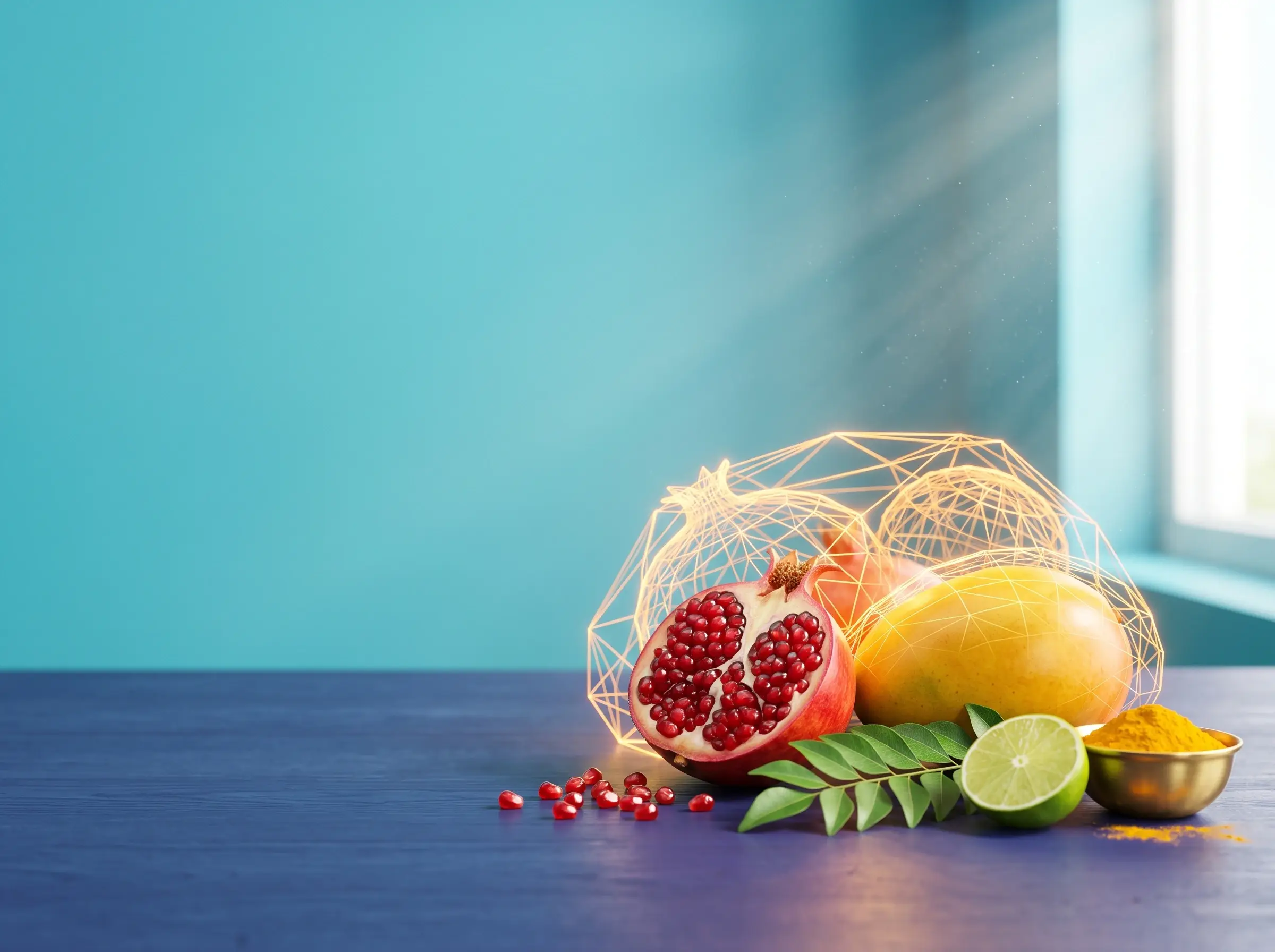 Fresh pomegranate, mango and curry leaves under a glowing lattice